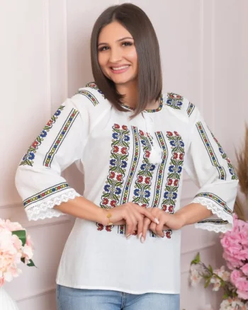 Ie traditionala alba cu motiv geometric multicolor Geanina 02