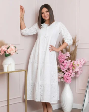 Rochie traditionala alba cu model perforat Bianca 01