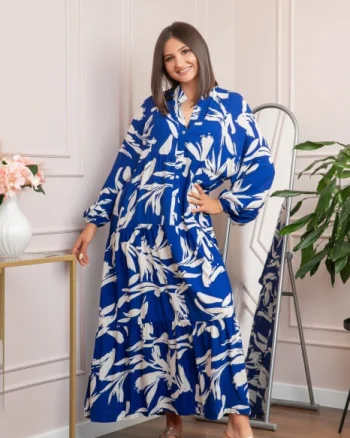 Rochie boho chic Daphne cu imprimeu albastru abstract