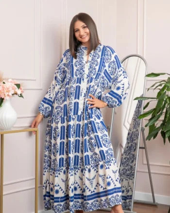 Rochie boho chic Daphne cu imprimeu albastru floral