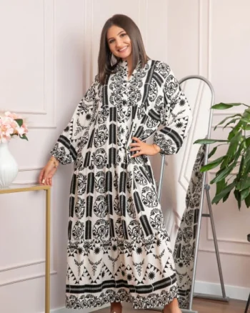 Rochie boho chic Daphne cu imprimeu negru floral