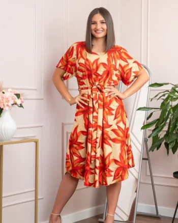 Rochie eleganta Olive cu imprimeu exotic orange