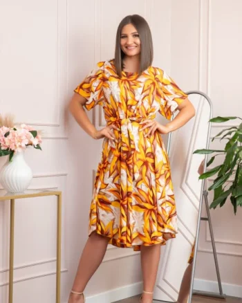 Rochie eleganta Olive cu imprimeu exotic galben