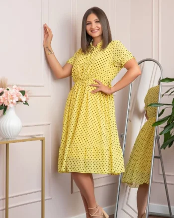 Rochie retro galbena Brenda cu buline si maneci bufante