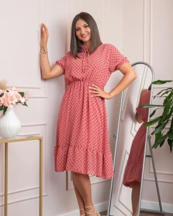 Rochie retro roz Brenda cu buline si maneci bufante