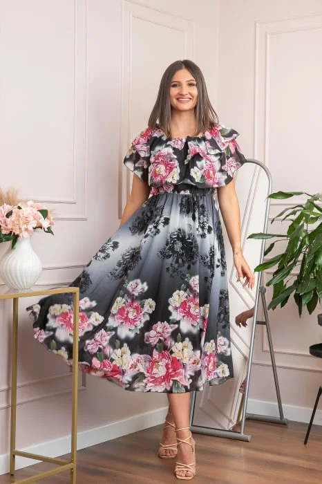Rochie de ocazie Elle cu volane ample si imprimeuri florale - Negru