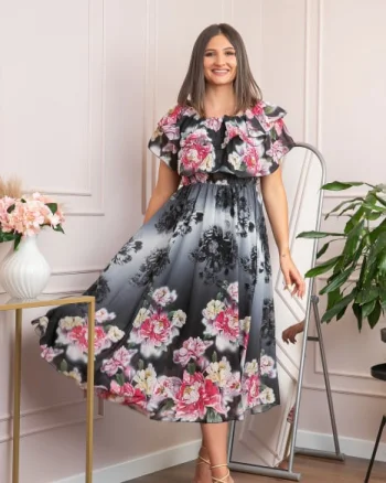 Rochie de ocazie Elle cu volane ample si imprimeuri florale - Negru
