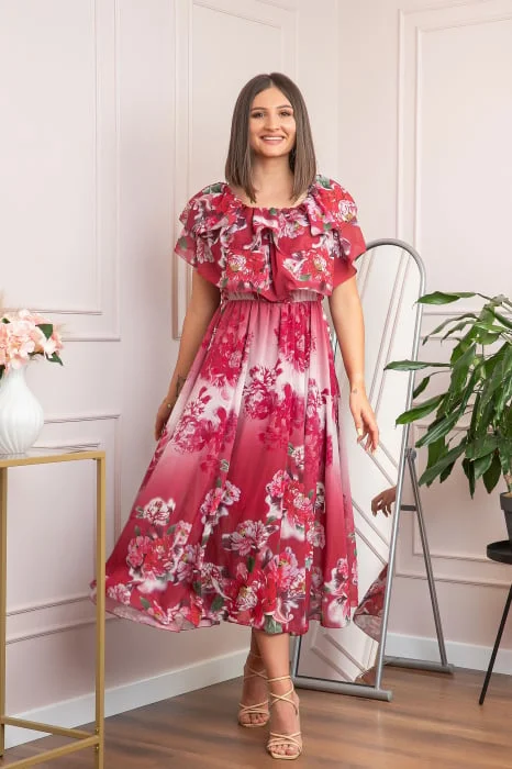 Rochie de ocazie Elle cu volane ample si imprimeuri florale - Rosu