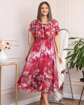 Rochie de ocazie Elle cu volane ample si imprimeuri florale - Rosu