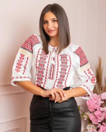 Ie traditionala alba cu motiv geometric rosu Calina