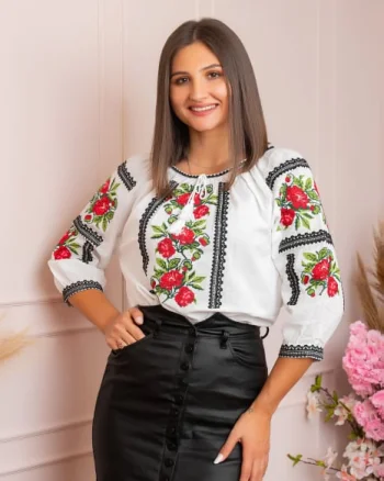 Ie traditionala alba cu motiv floral rosu Afrodita