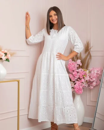 Rochie traditionala alba cu model perforat Bianca 03