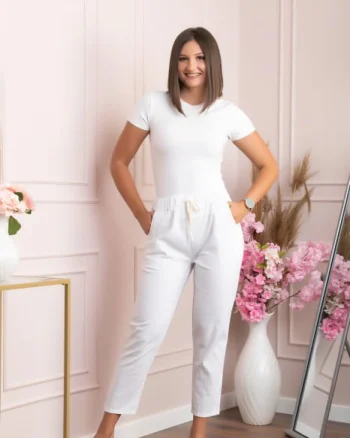 Pantaloni conici Tessa din bumbac cu snur in talie - Alb