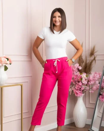 Pantaloni conici Tessa din bumbac cu snur in talie - Ciclam
