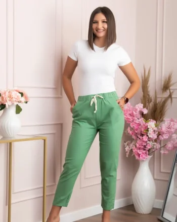 Pantaloni conici Tessa din bumbac cu snur in talie - Verde fistic