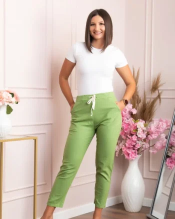 Pantaloni conici Tessa din bumbac cu snur in talie - Verde praz