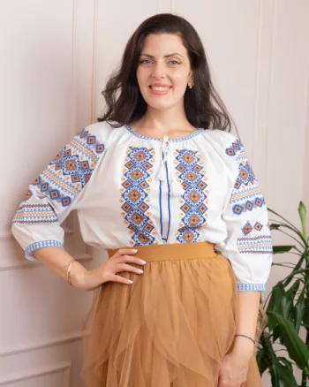 Bluza tip ie alba cu motiv geometric multicolor Ela