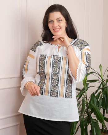 Bluza tip ie alba cu motiv geometric auriu Draga 02