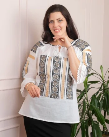 Bluza tip ie alba cu motiv geometric auriu Draga 02