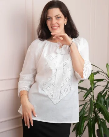 Bluza tip ie alba cu motiv geometric alb Minerva 05