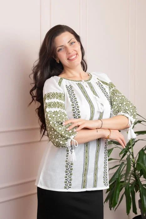 Bluza tip ie alba cu motiv floral verde Isidora