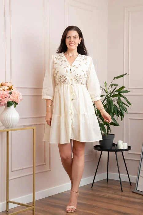 Rochie crem cu perforatii florale bej Iulia 02