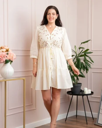 Rochie crem cu perforatii florale bej Iulia 02