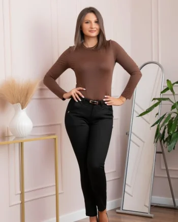 Pantaloni dama negri conici Amber cu curea si buzunare functionale