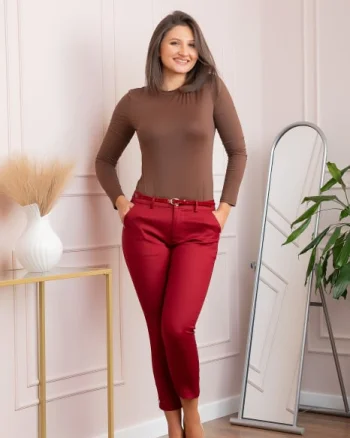 Pantaloni dama grena conici Blair cu curea si detaliu fundita