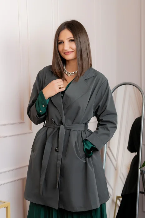 Pardesiu elegant gri antracit cu cordon si nasturi