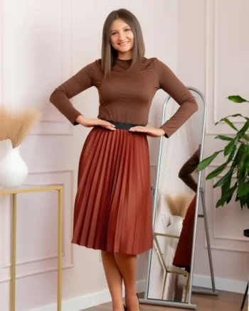Fusta plisata Luna cu elastic in talie - Caramiziu