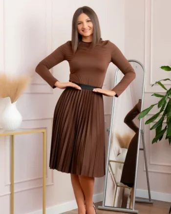 Fusta plisata Luna cu elastic in talie - Maro