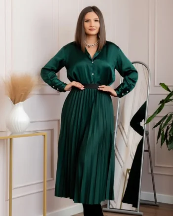 Fusta plisata eleganta Jacqueline cu elastic in talie - Verde petrol