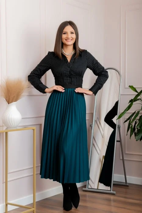 Fusta plisata eleganta Jacqueline cu elastic in talie - Turcoaz