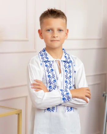 Camasa traditionala de baieti alba cu motiv floral albastru Alin 01