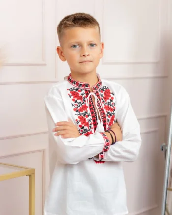 Camasa traditionala de baieti alba cu motiv floral rosu Dominic 04