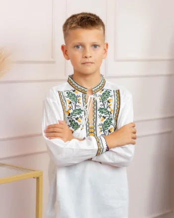 Camasa traditionala de baieti alba cu motiv floral verde Dominic 05