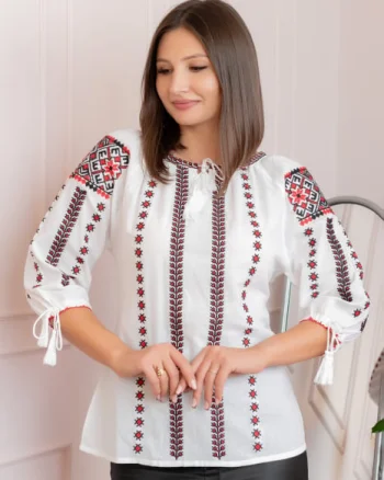 Bluza tip ie alba cu motiv geometric negru Zamfira 02