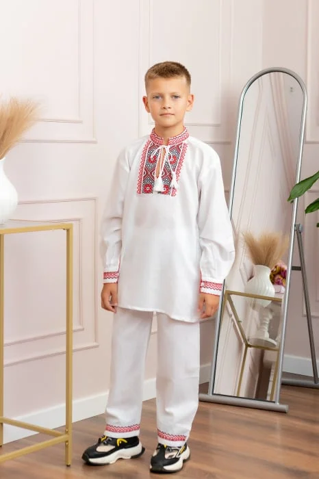 Compleu traditional alb pentru baieti cu motiv floral rosu Robert 02