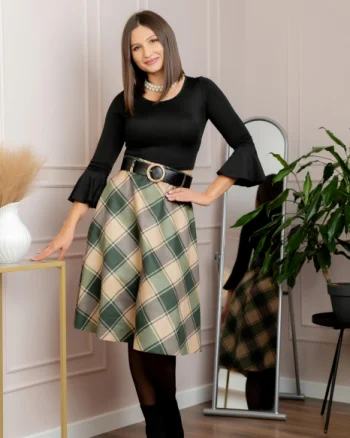Fusta clos Stephanie in carouri cu centura in talie - Forest Emerald