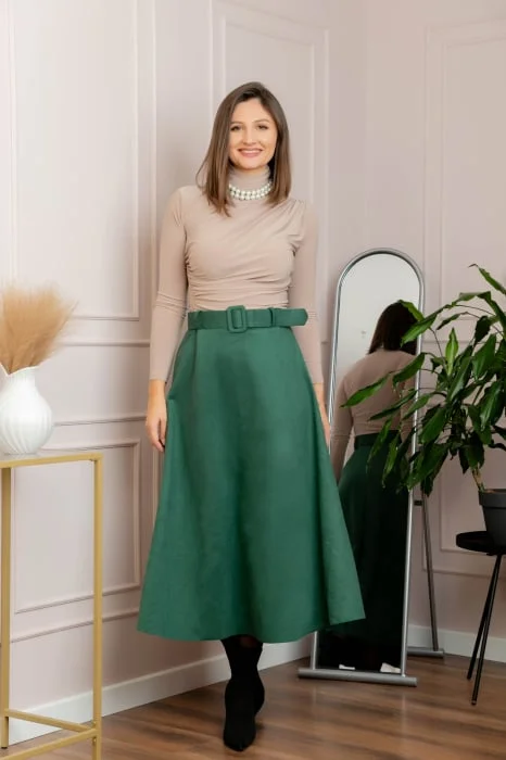 Fusta lunga clos Kristen din piele intoarsa ecologica cu centura in talie - Verde