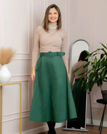 Fusta lunga clos Kristen din piele intoarsa ecologica cu centura in talie - Verde