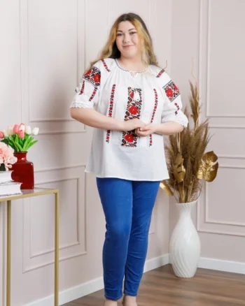Ie traditionala alba cu motiv floral rosu Mihaela 03