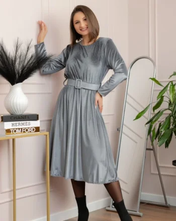Rochie eleganta Kate din catifea gri cu strasuri si centura in talie