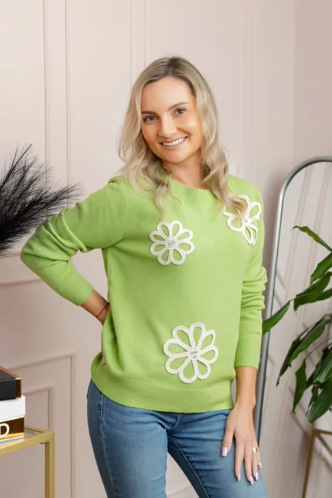 Pulover tricotat cu aplicatii florale Sally - Verde praz