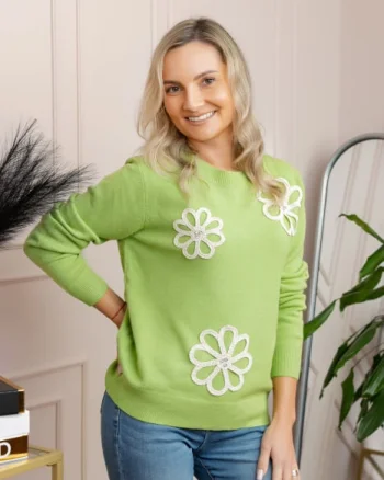 Pulover tricotat cu aplicatii florale Sally - Verde praz