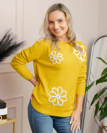 Pulover tricotat cu aplicatii florale Sally - Galben