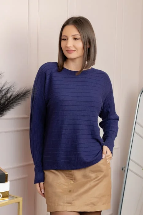 Pulover tricotat Lindsey cu dungi fine - Bleumarin