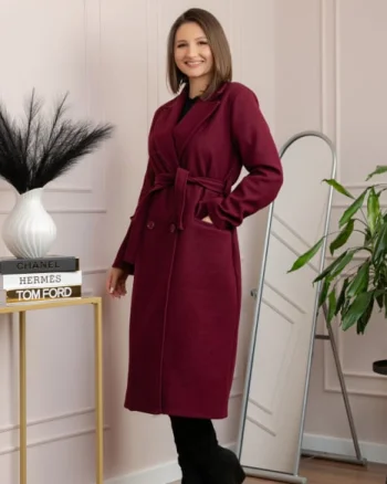 Palton lung elegant Erika cu cordon si buzunare - Grena