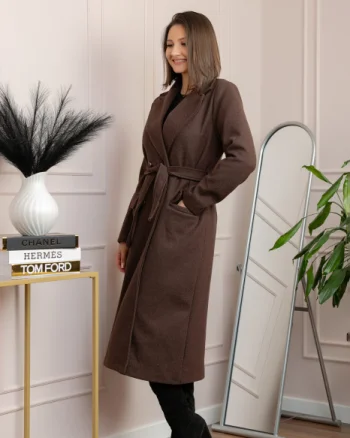 Palton lung elegant Erika cu cordon si buzunare - Maro